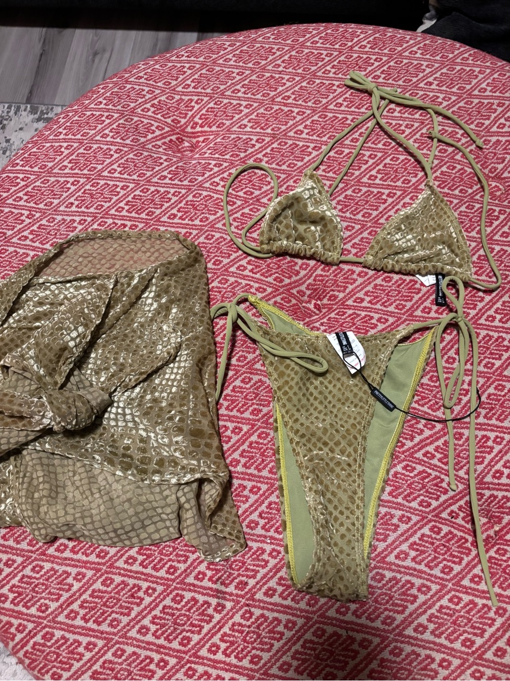 PrettyLittleThing Olive Green Metallic Snake-Texture Bikini Set